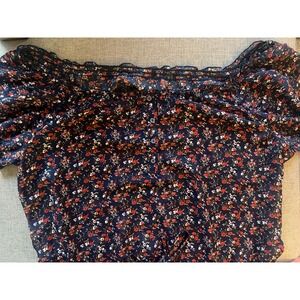Sheer Navy Floral Off Shoulder Puff Sleeve Peasant Top Ruffle Smocked Elastic